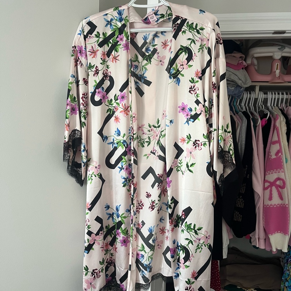 Victoria's Secret Floral Print Robe with Black Lace Trim